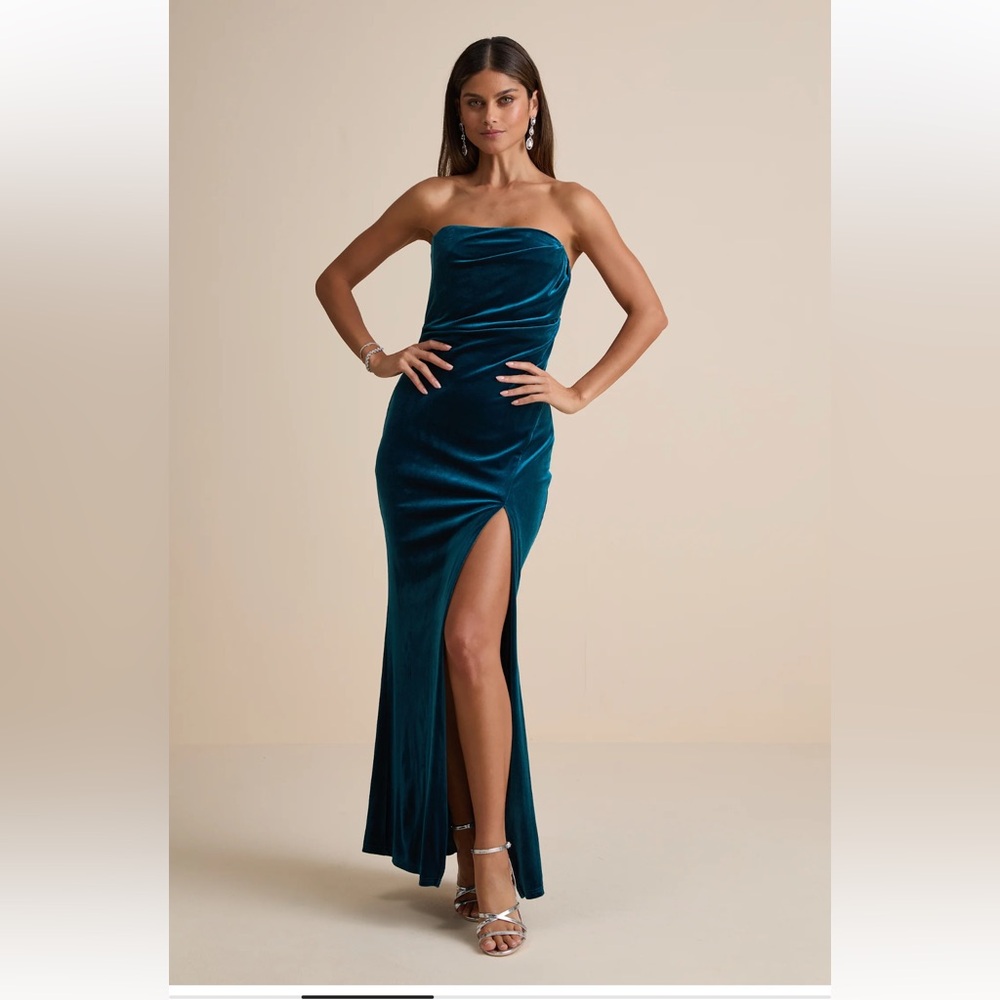 Lulus Perfectly Captivating Dark Teal Velvet Strapless Maxi Dress